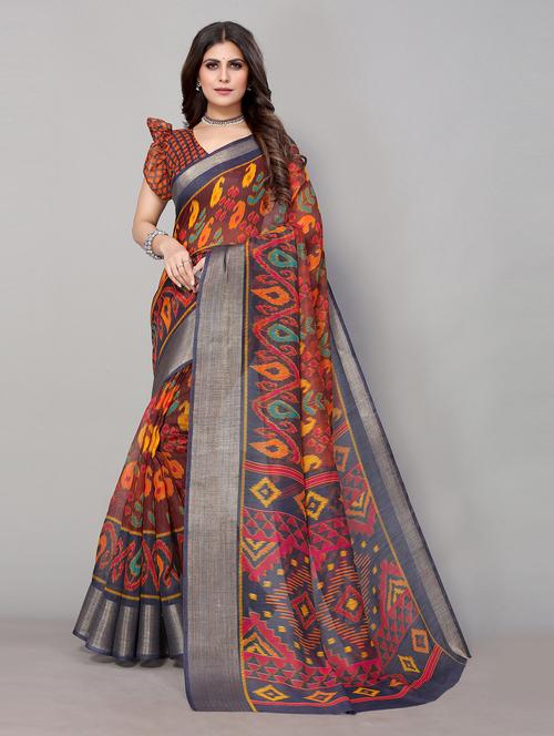 brown printed saree with blouse - 19602724 - Very Small Image - 1