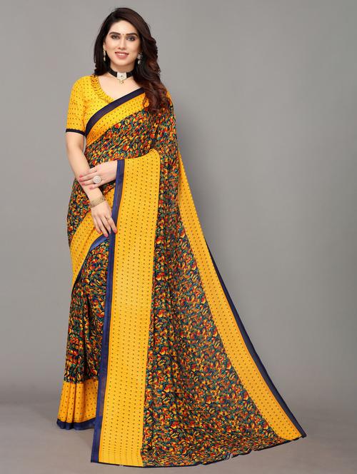 yellow printed saree with blouse - 19602729 - Very Small Image - 1