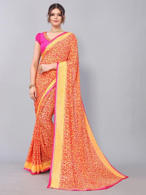 yellow printed saree with blouse - 19602730 - Very Small Image - 1