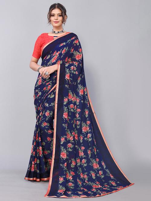 dark blue printed saree with blouse - 19602737 - Very Small Image - 1