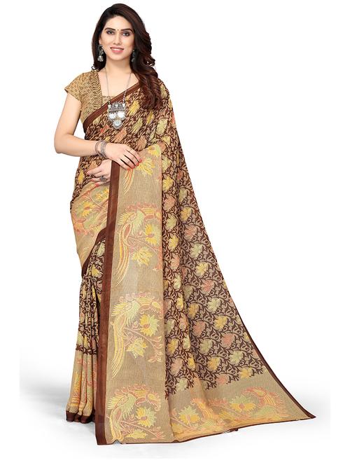 brown printed saree with blouse - 19602739 - Very Small Image - 1