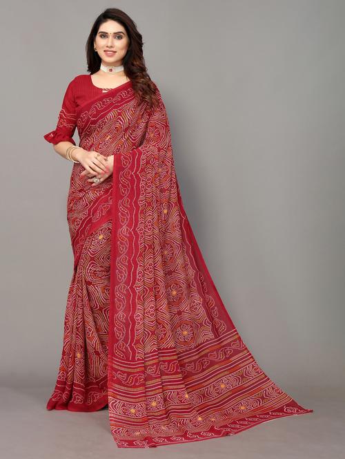 red bandhani printed saree with blouse - 19602744 - Very Small Image - 1