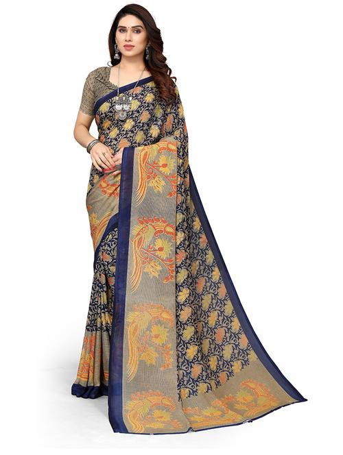 dark blue printed saree with blouse - 19602763 - Very Small Image - 1