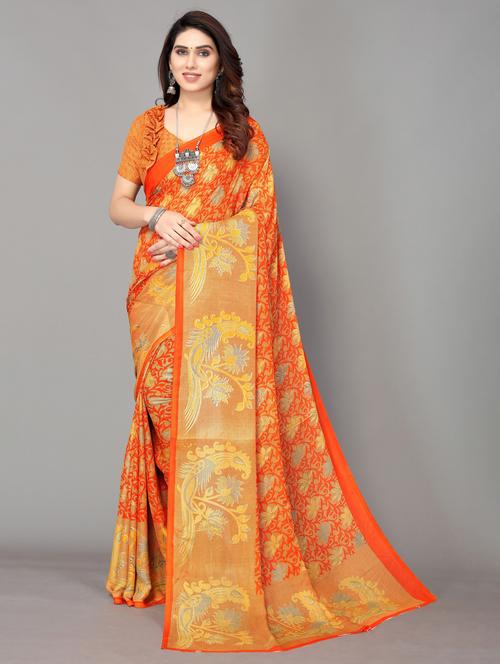 orange printed saree with blouse - 19602807 - Very Small Image - 1