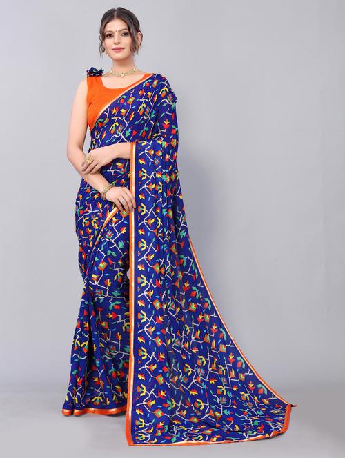blue printed saree with blouse - 19602821 - Very Small Image - 1