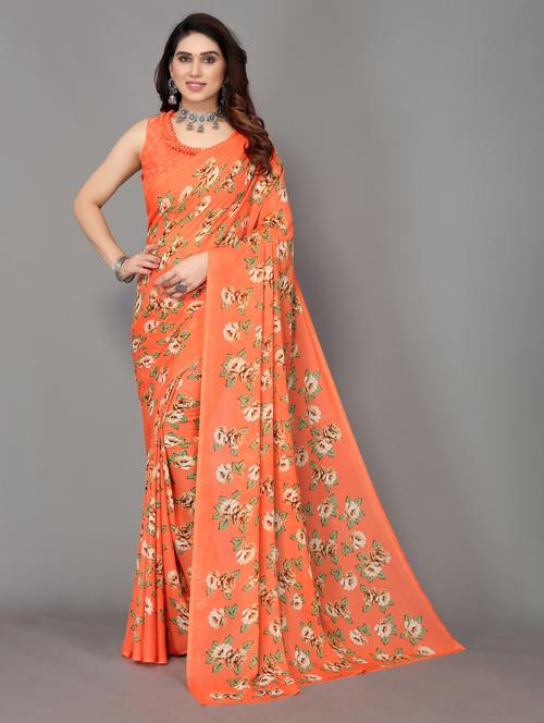 orange printed saree with blouse - 19602833 - Very Small Image - 1
