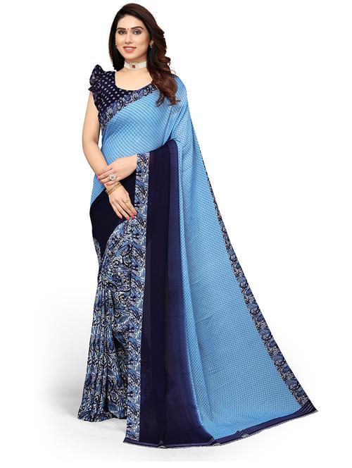 blue printed saree with blouse - 19602839 - Very Small Image - 1