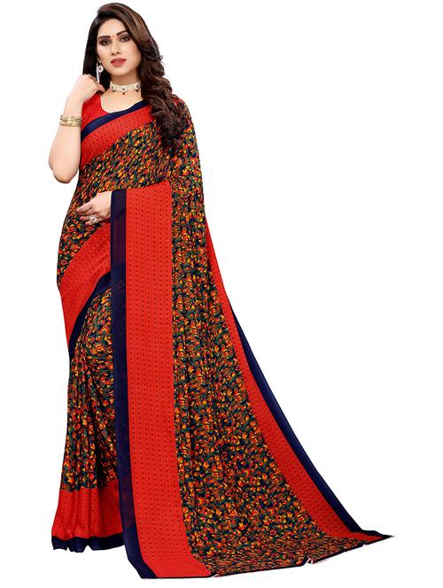 red woven printed saree with blouse - 19602844 - Very Small Image - 1