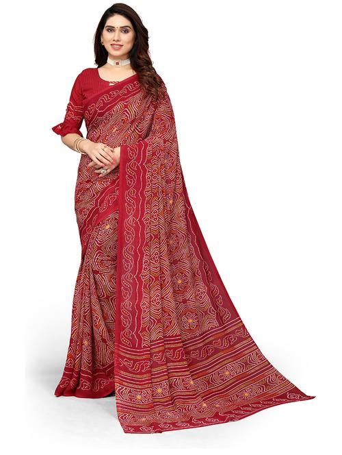 red bandhani printed saree with blouse - 19602866 - Very Small Image - 1