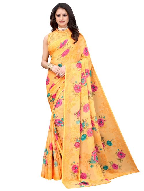 yellow printed saree with blouse - 19603067 - Very Small Image - 1