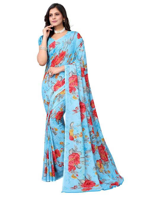 light blue printed saree with blouse - 19603088 - Very Small Image - 1