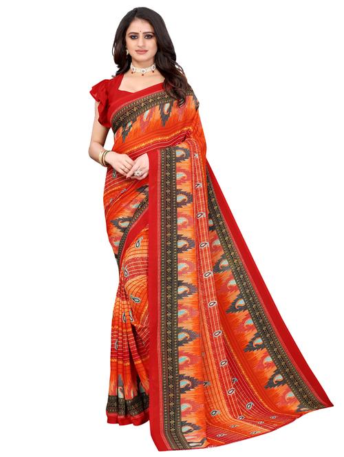orange printed saree with blouse - 19603092 - Very Small Image - 1