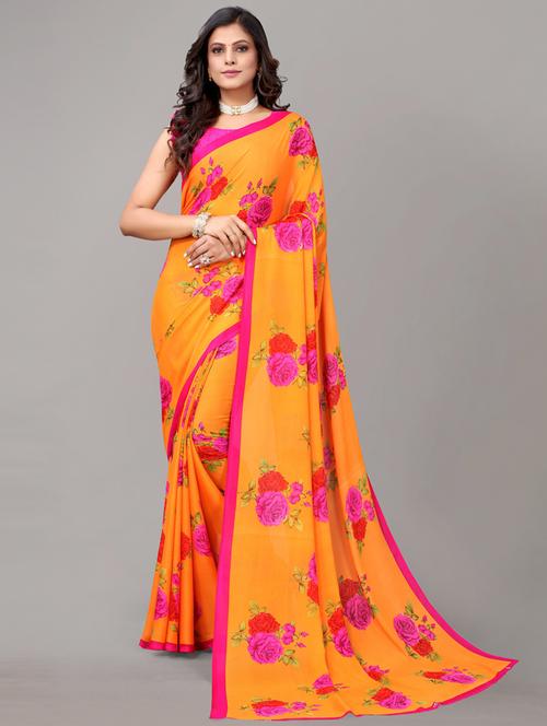 orange printed saree with blouse - 19603101 - Very Small Image - 1