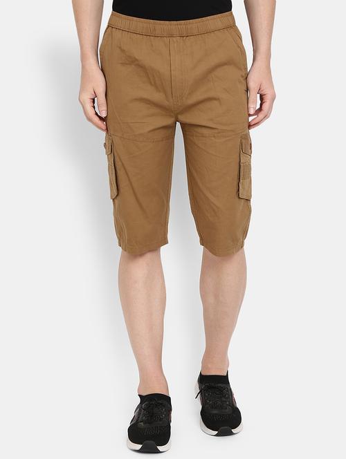 solid brown cargo style three fourth shorts - 19608399 - Very Small Image - 1