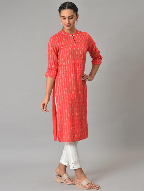 red viscose printed straight kurta - 19609048 - Very Small Image - 1