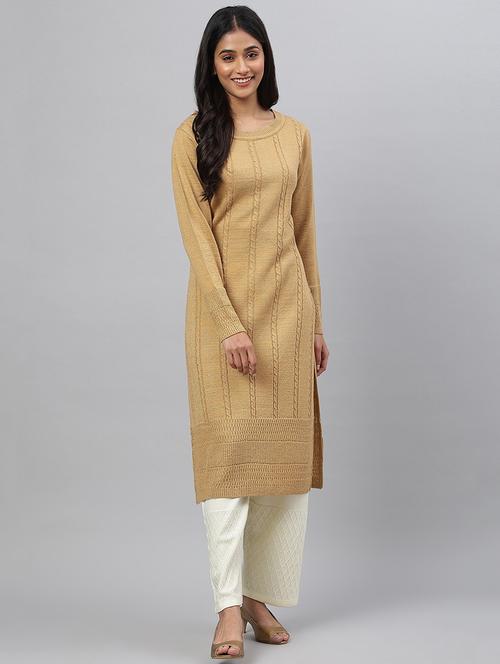 beige acrylic blend straight kurta - 19609106 - Very Small Image - 1