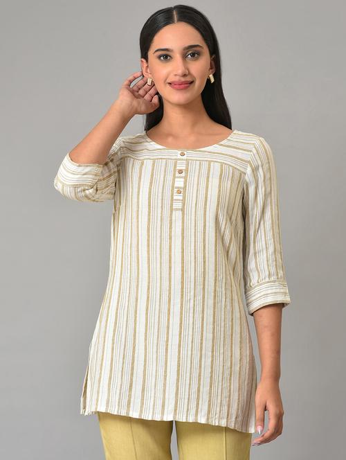 beige viscose striped straight short kurti - 19609169 - Very Small Image - 1