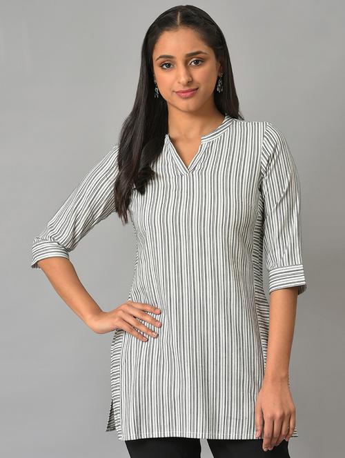 white cotton blend striped straight short kurti - 19609171 - Very Small Image - 1