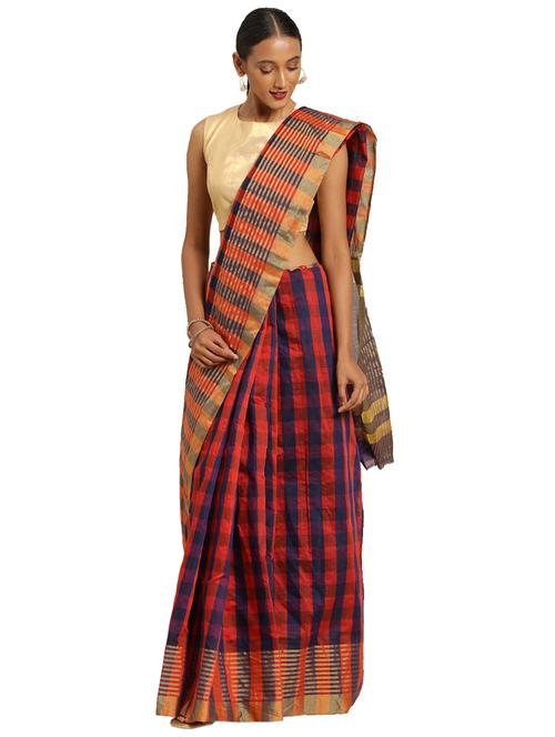 women checkered handloom saree with blouse - 19614261 - Very Small Image - 1
