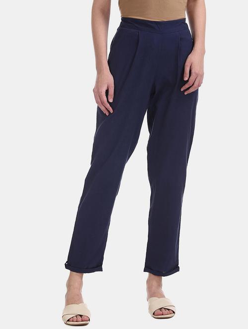 women solid navy blue pleated trouser - 19614816 - Very Small Image - 1