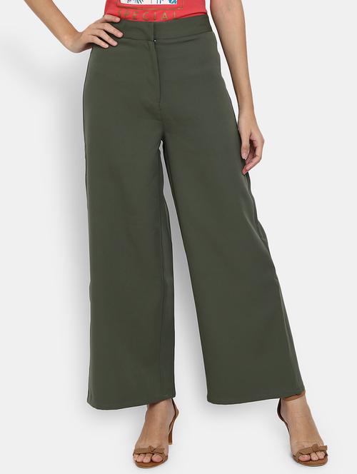 women solid olive green wide leg trouser - 19614827 - Very Small Image - 1