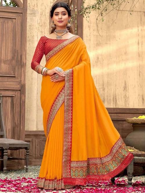 yellow solid bordered saree with blouse - 19616424 - Very Small Image - 1