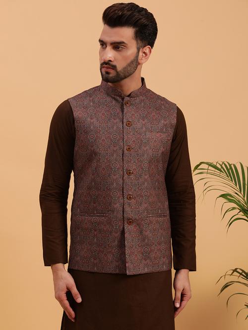 mandarin collar printed nehru jacket - 19616630 - Very Small Image - 1
