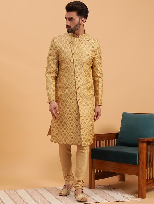 golden self design sherwani ethnic wear set - 19617113 - Very Small Image - 1
