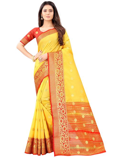 yellow self design woven saree with blouse - 19617753 - Very Small Image - 1