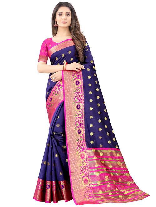 dark blue self design woven saree with blouse - 19617762 - Very Small Image - 1
