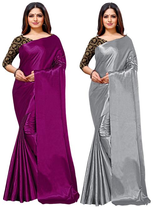 pack of 2 solid woven saree with blouse - 19617791 - Very Small Image - 1