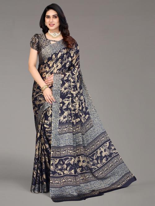 dark blue printed woven saree - 19617850 - Very Small Image - 1
