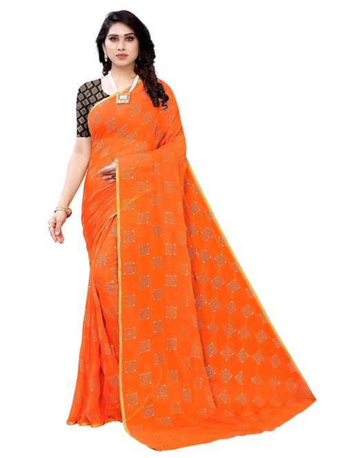 orange printed woven saree with blouse - 19617867 - Very Small Image - 1