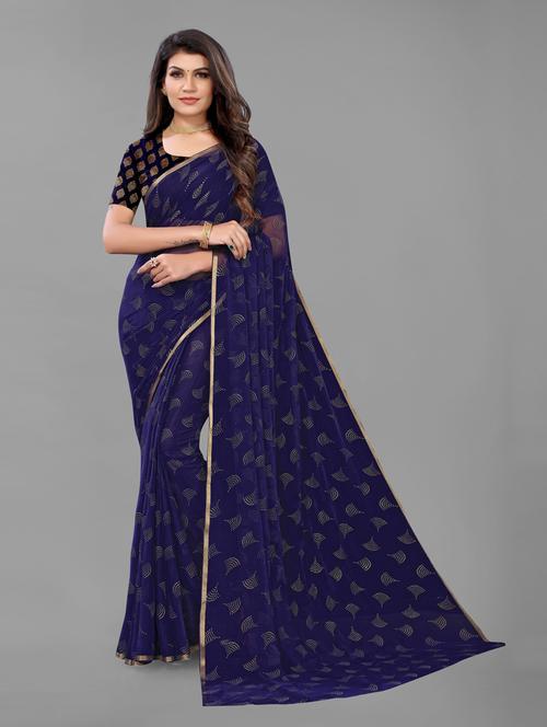 dark blue printed saree with blouse - 19617921 - Very Small Image - 1