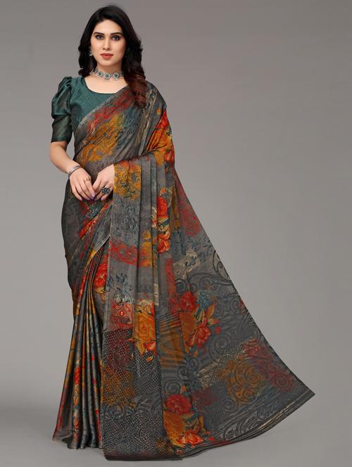 grey printed woven saree with blouse - 19617934 - Very Small Image - 1