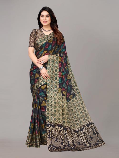 dark blue printed woven saree with blouse - 19617936 - Very Small Image - 1