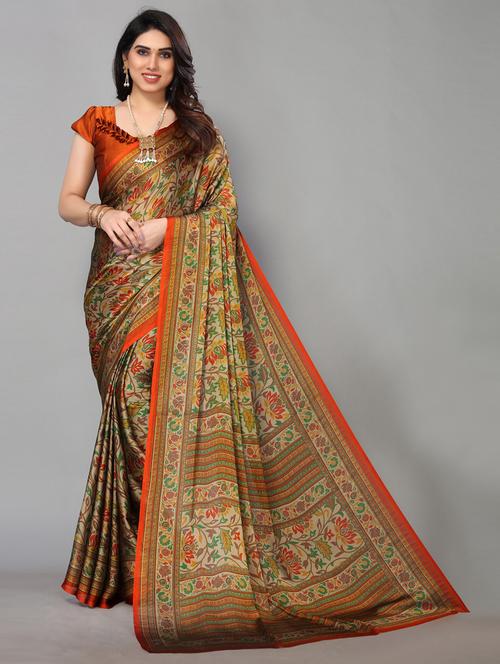 orange printed woven saree with blouse - 19617944 - Very Small Image - 1