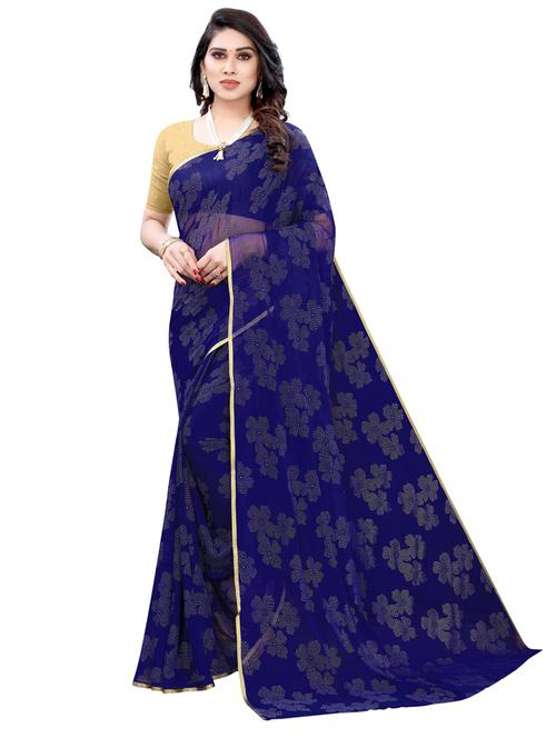 dark blue printed saree with blouse - 19617975 - Very Small Image - 1