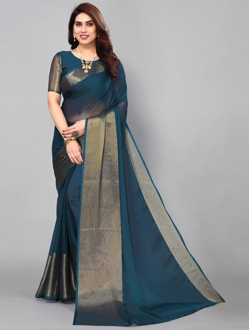 teal solid plain saree with blouse - 19618022 - Very Small Image - 1