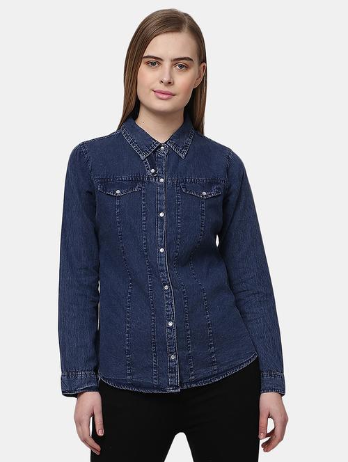 spread collar denim shirt - 19620014 - Very Small Image - 1
