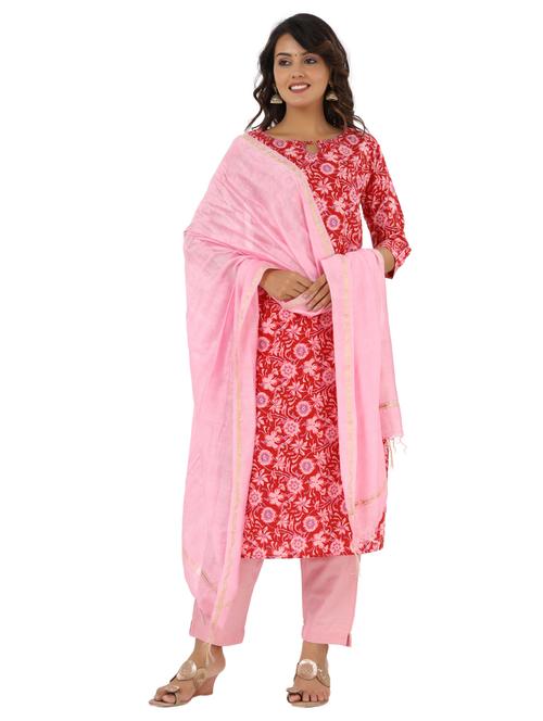 pink printed key hole neck kurta set - 19621941 - Very Small Image - 1