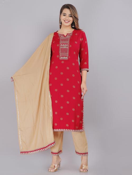 red printed notch neck kurta pant set - 19621947 - Very Small Image - 1