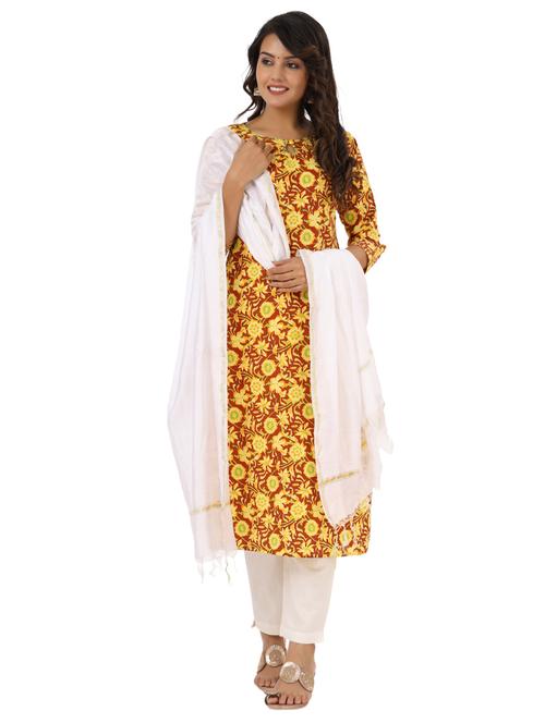 yellow printed key hole neck kurta pant set - 19621954 - Very Small Image - 1