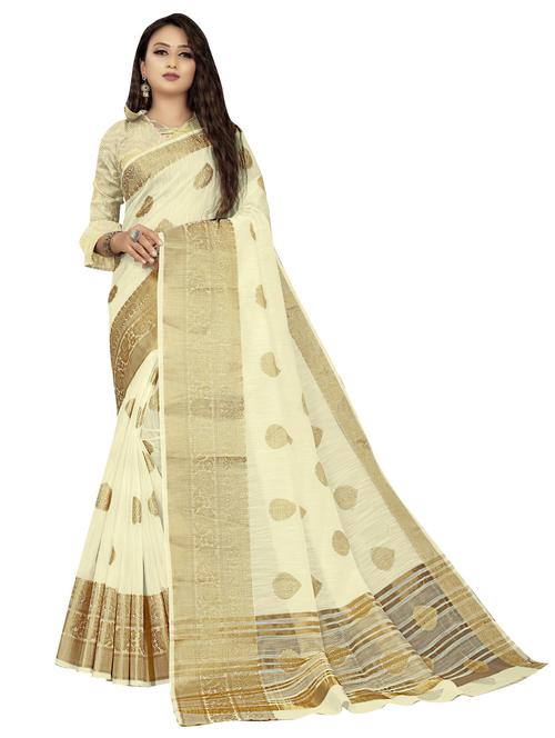 cream woven block print saree with blouse - 19622274 - Very Small Image - 1