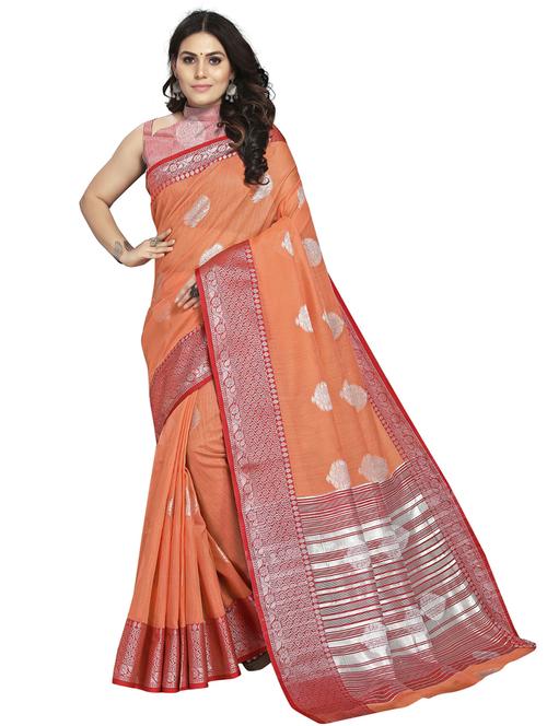orange woven ethnic motif saree with contrast border with blouse - 19622285 - Very Small Image - 1