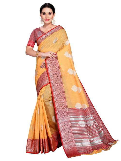 orange woven ethnic motif saree with contrast border with blouse - 19622293 - Very Small Image - 1