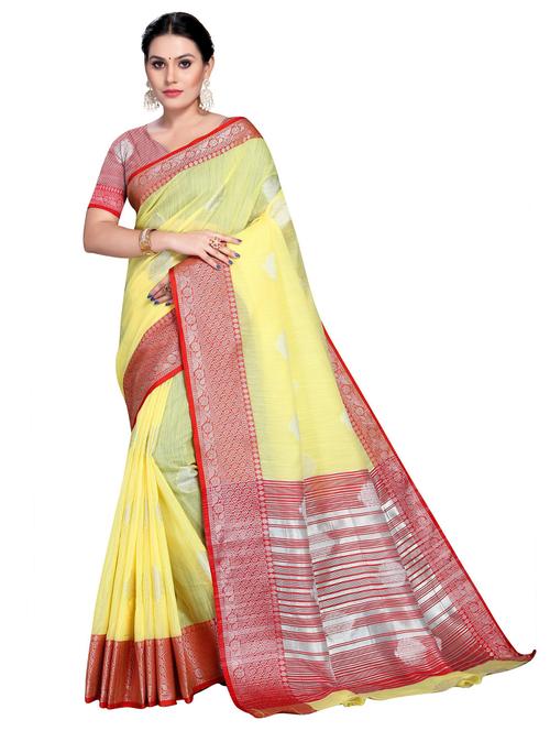 yellow self design woven saree with blouse - 19622301 - Very Small Image - 1