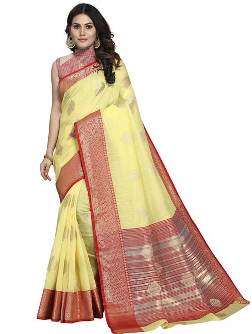 yellow woven ethnic motif saree with contrast border - 19622303 - Very Small Image - 1