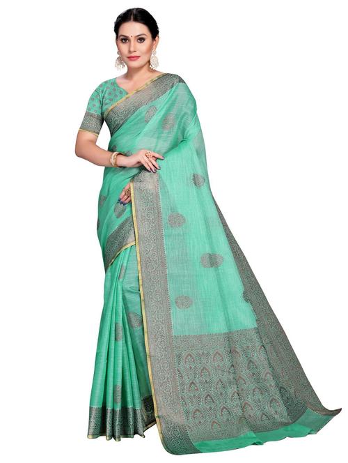 green woven block print saree with blouse - 19622321 - Very Small Image - 1