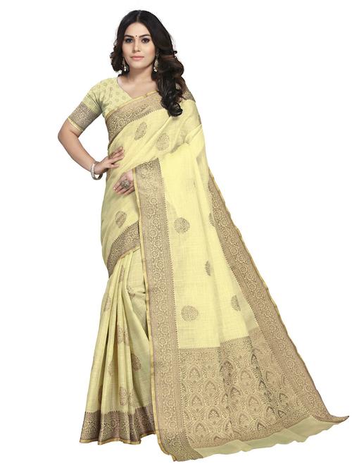 yellow self design woven saree with blouse - 19622333 - Very Small Image - 1